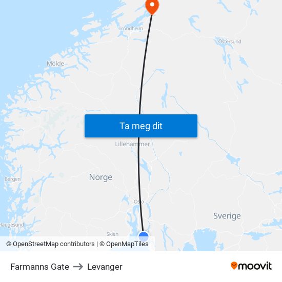 Farmanns Gate to Levanger map