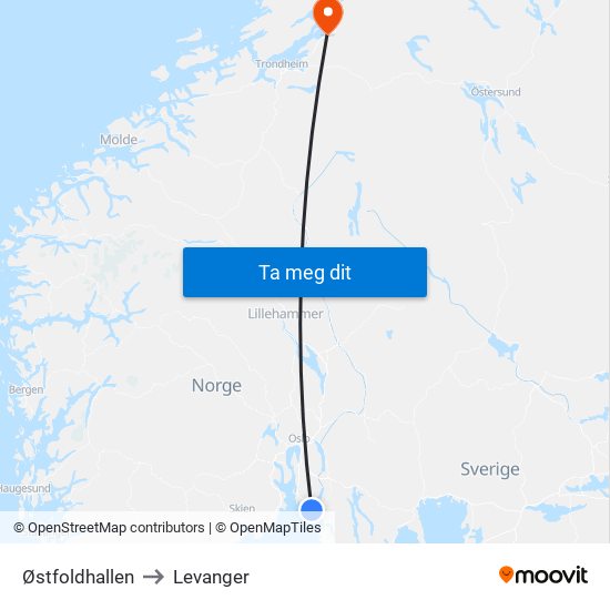 Østfoldhallen to Levanger map