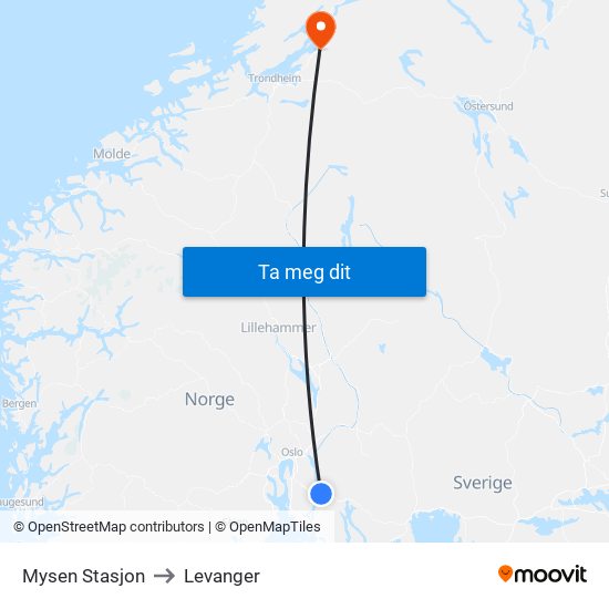 Mysen Stasjon to Levanger map