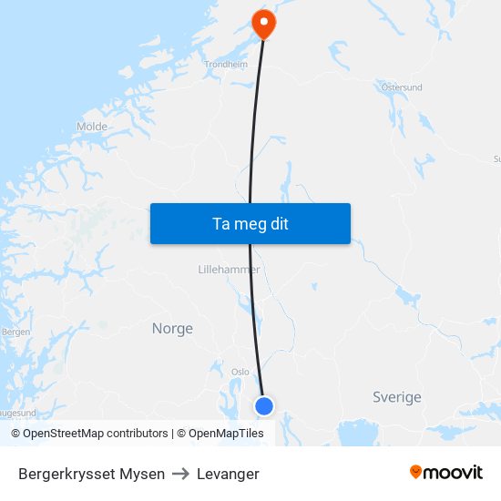 Bergerkrysset Mysen to Levanger map