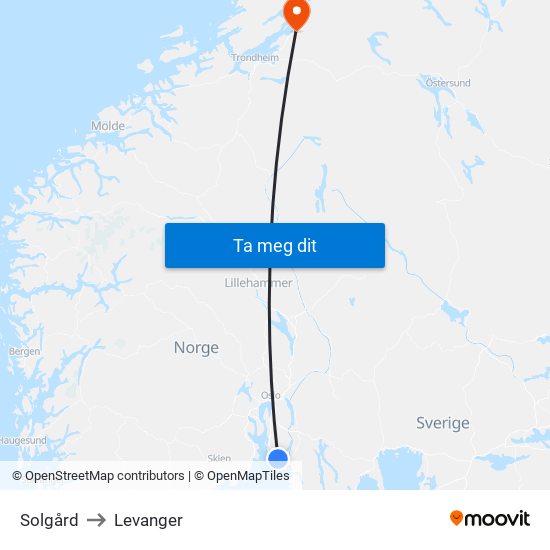 Solgård to Levanger map