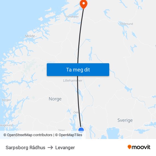 Sarpsborg Rådhus to Levanger map