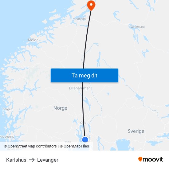 Karlshus to Levanger map