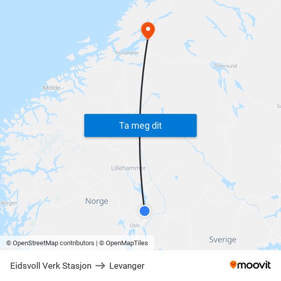Eidsvoll Verk Stasjon to Levanger map