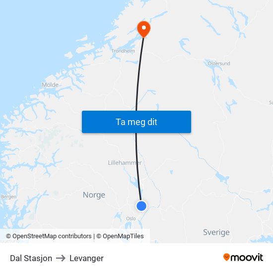 Dal Stasjon to Levanger map