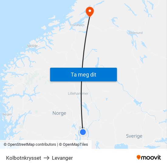 Kolbotnkrysset to Levanger map