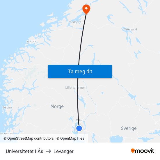 Universitetet I Ås to Levanger map