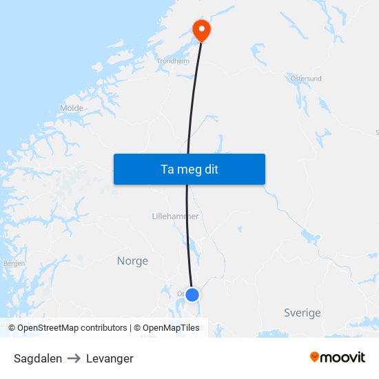 Sagdalen to Levanger map