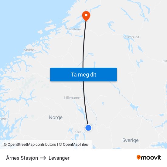 Årnes Stasjon to Levanger map