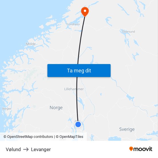 Vølund to Levanger map