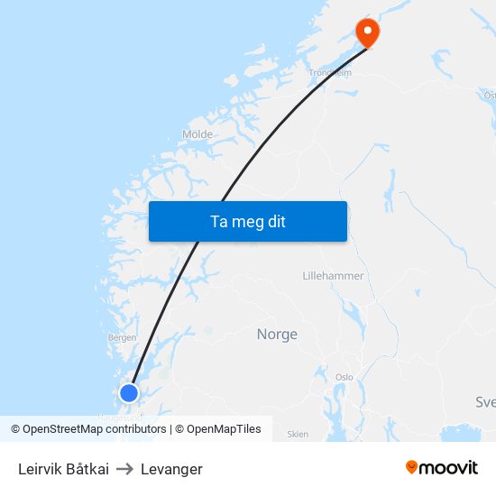 Leirvik Båtkai to Levanger map