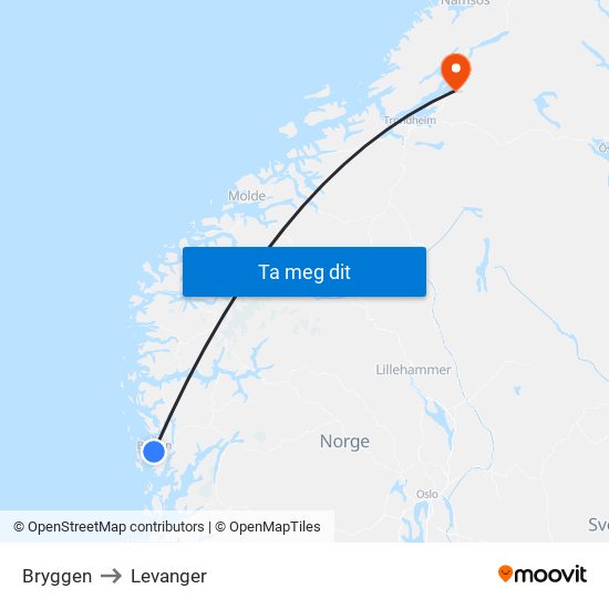 Bryggen to Levanger map