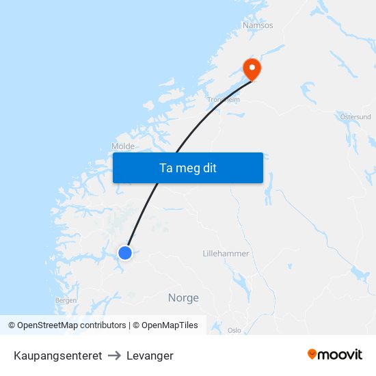 Kaupangsenteret to Levanger map