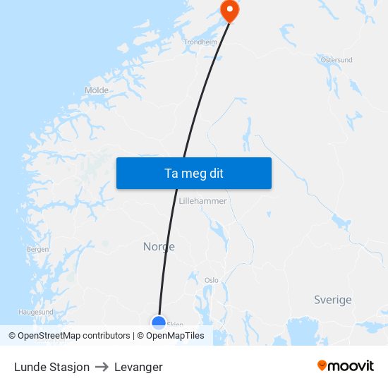 Lunde Stasjon to Levanger map