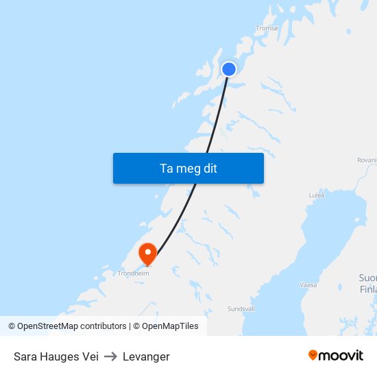 Sara Hauges Vei to Levanger map