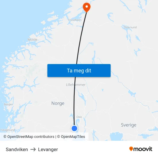 Sandviken to Levanger map
