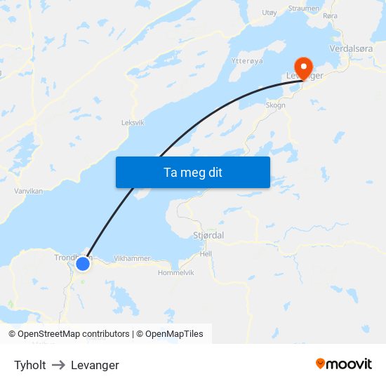 Tyholt to Levanger map