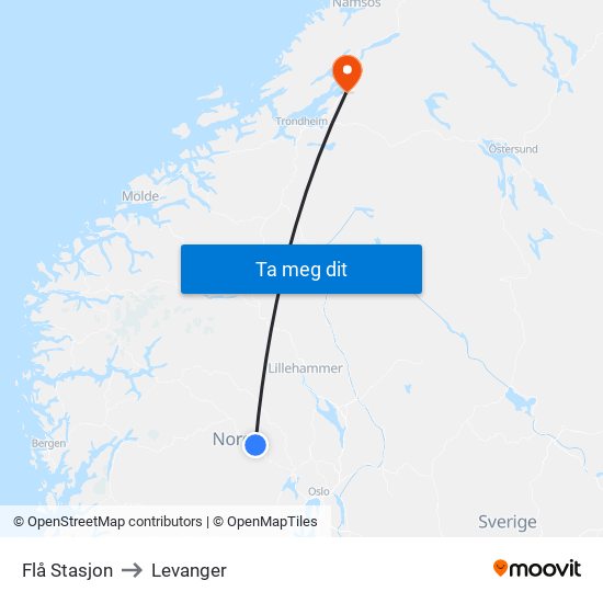 Flå Stasjon to Levanger map