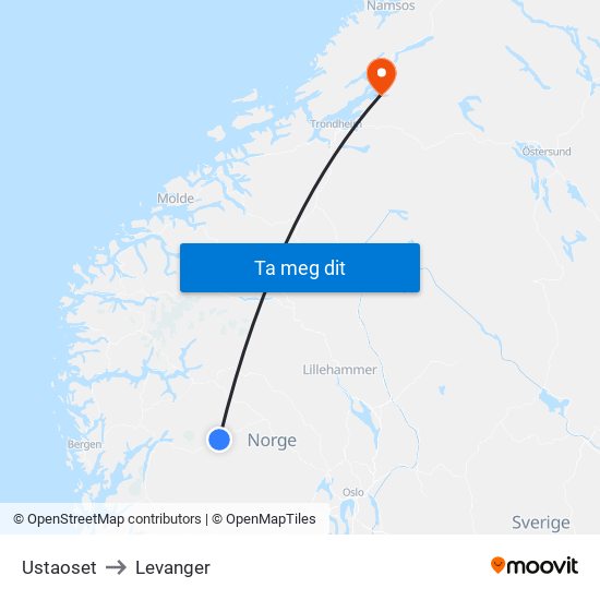 Ustaoset to Levanger map