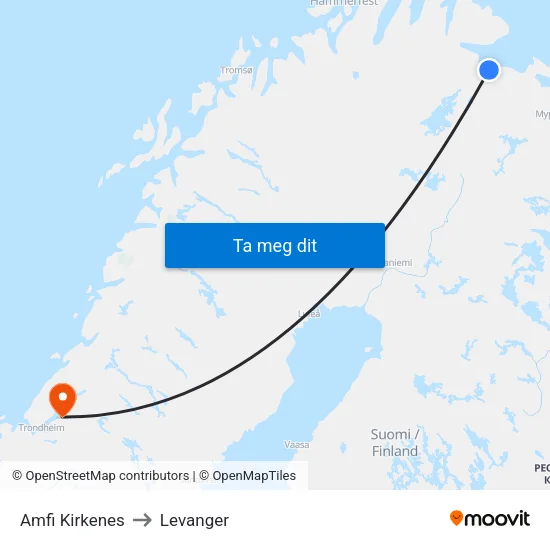 Amfi Kirkenes to Levanger map