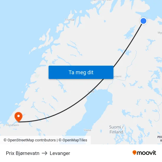 Prix Bjørnevatn to Levanger map