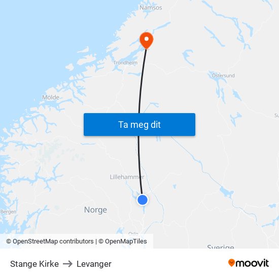 Stange Kirke to Levanger map