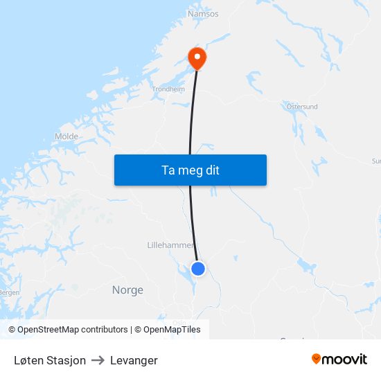 Løten Stasjon to Levanger map