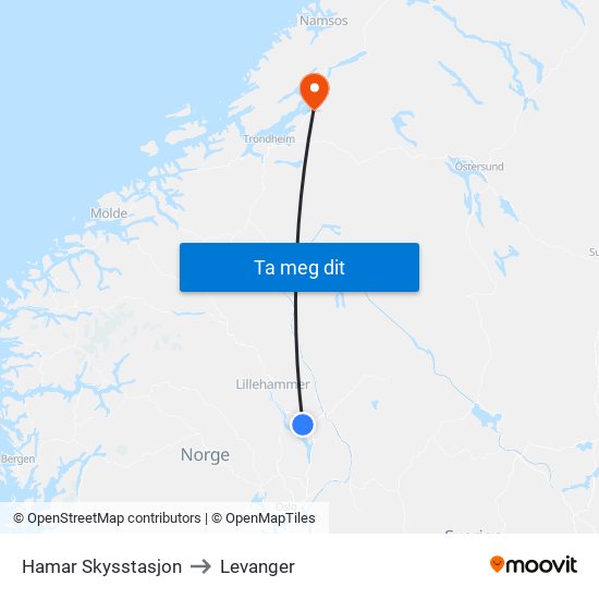Hamar Skysstasjon to Levanger map