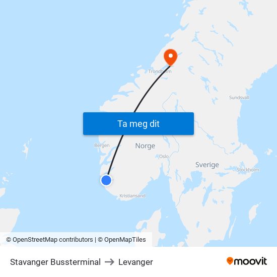 Stavanger Bussterminal to Levanger map