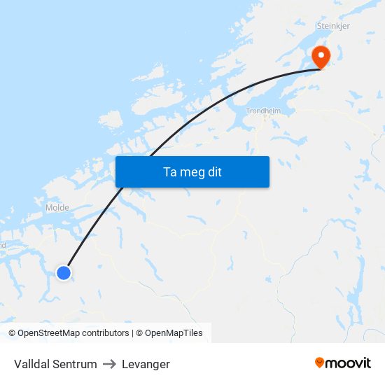 Valldal Sentrum to Levanger map