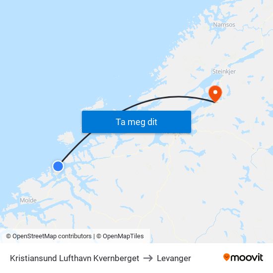 Kristiansund Lufthavn Kvernberget to Levanger map