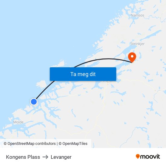 Kongens Plass to Levanger map