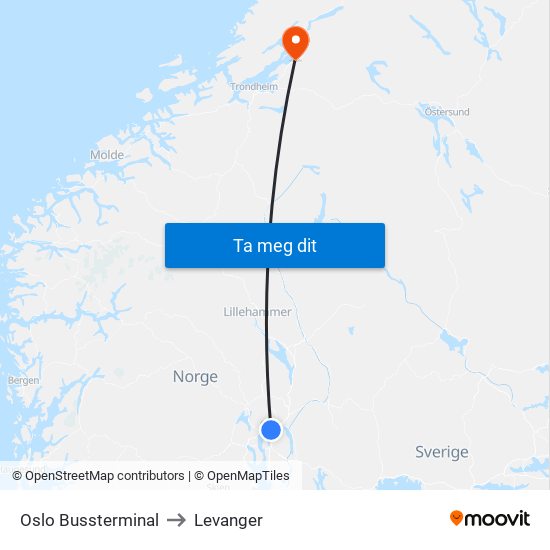 Oslo Bussterminal to Levanger map