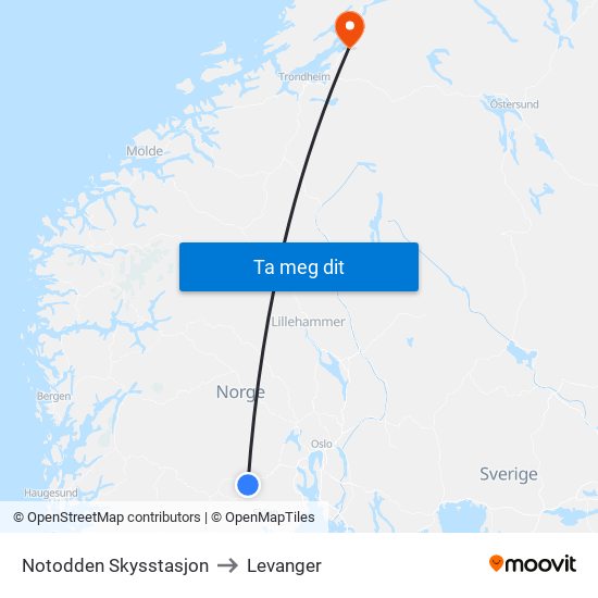 Notodden Skysstasjon to Levanger map
