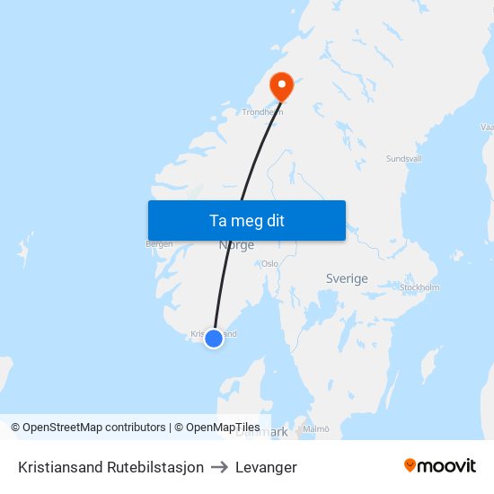 Kristiansand Rutebilstasjon to Levanger map