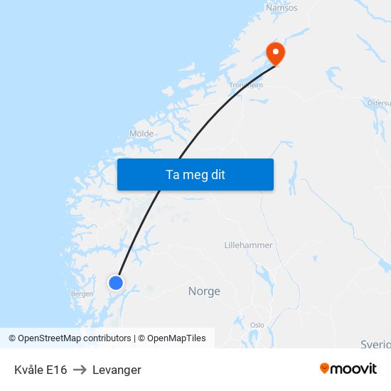 Kvåle E16 to Levanger map
