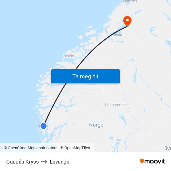 Gaupås Kryss to Levanger map