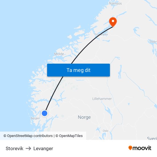 Storevik to Levanger map