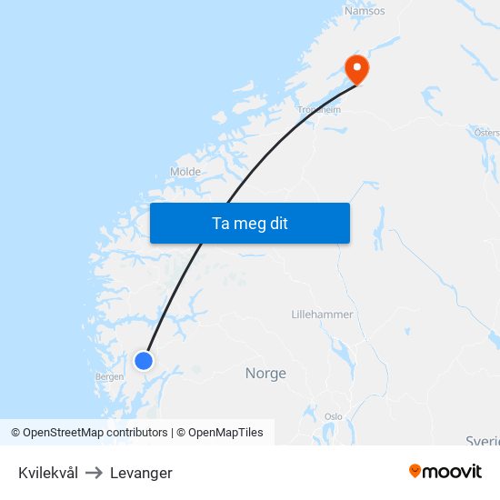 Kvilekvål to Levanger map