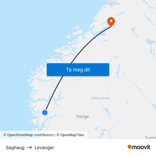 Saghaug to Levanger map