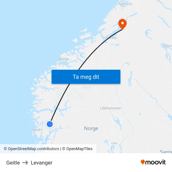 Geitle to Levanger map