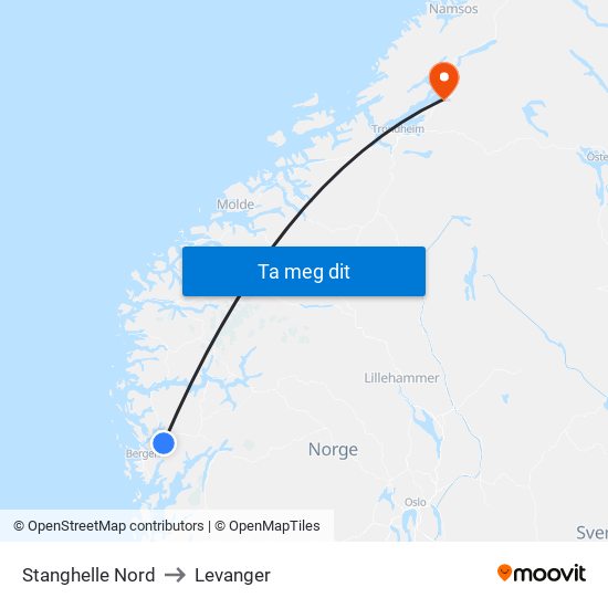 Stanghelle Nord to Levanger map