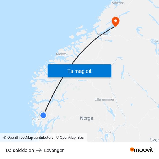 Dalseiddalen to Levanger map