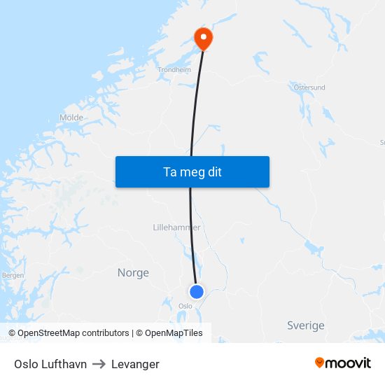 Oslo Lufthavn to Levanger map