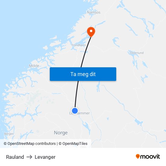 Rauland to Levanger map