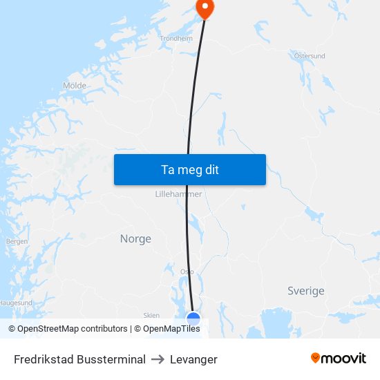 Fredrikstad Bussterminal to Levanger map