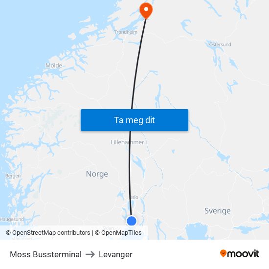 Moss Bussterminal to Levanger map