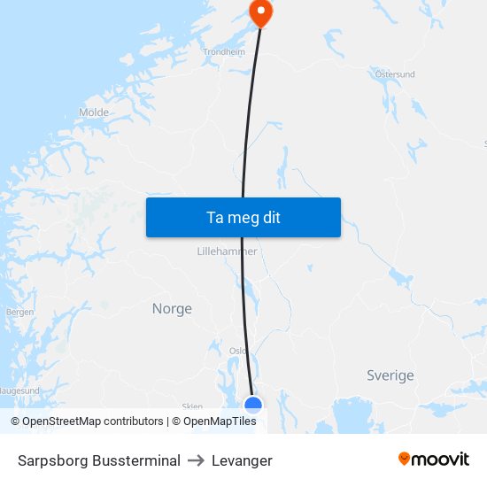 Sarpsborg Bussterminal to Levanger map