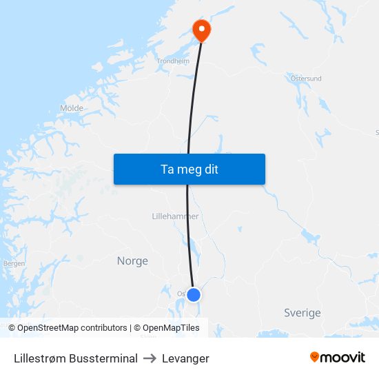 Lillestrøm Bussterminal to Levanger map