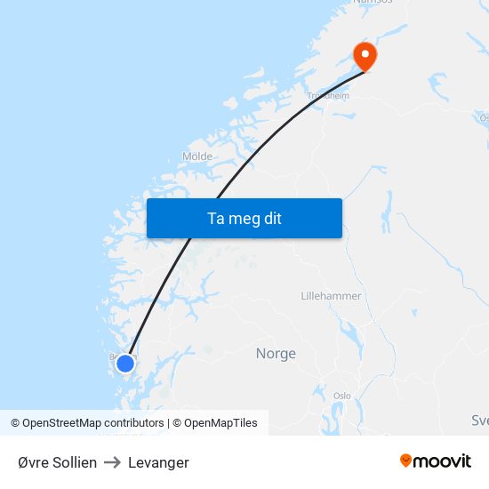 Øvre Sollien to Levanger map